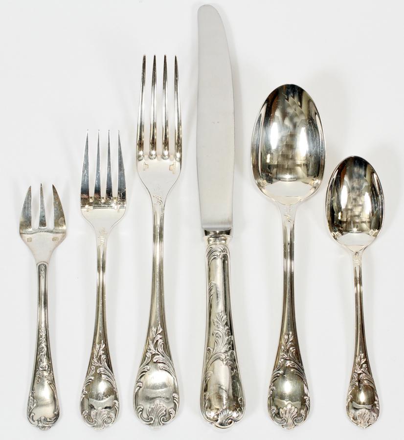 CHRISTOFLE FRENCH SILVERPLATE FLATWARE SERVICE: CHRISTOFLE, FRENCH SILVERPLATE, FLATWARE SERVICE FOR 12 'MARLY' PATTERN, 71 PCS. Service for 12 in the 'Marly' pattern includes: 12 place knives L 9 5/8" ; 12 place forks, 8 1/8"; 12 salad forks, L 6.