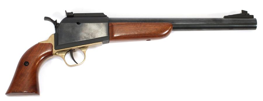 THOMPSON CENTER ARMS "SCOUT" PERCUSSION CAP PISTOL: THOMPSON CENTER ARMS "SCOUT", 54 CAL PERCUSSION CAP PISTOL, L 13" BBL, #40855 A Thompson Center Arms "Scout", single shot percussion cap pistol in .54 Cal. Having walnut grips and forearm. Blued 13" b