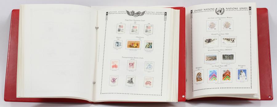 UNITED NATIONS & USA ALL AMERICAN STAMPS: UNITED NATIONS & USA ALL AMERICAN STAMPS, ALBUMS (2), H 11", W 10" Stamp collection. hinged, unused, mini-sheets, postage-blocks, full sets, original gum, etc.,