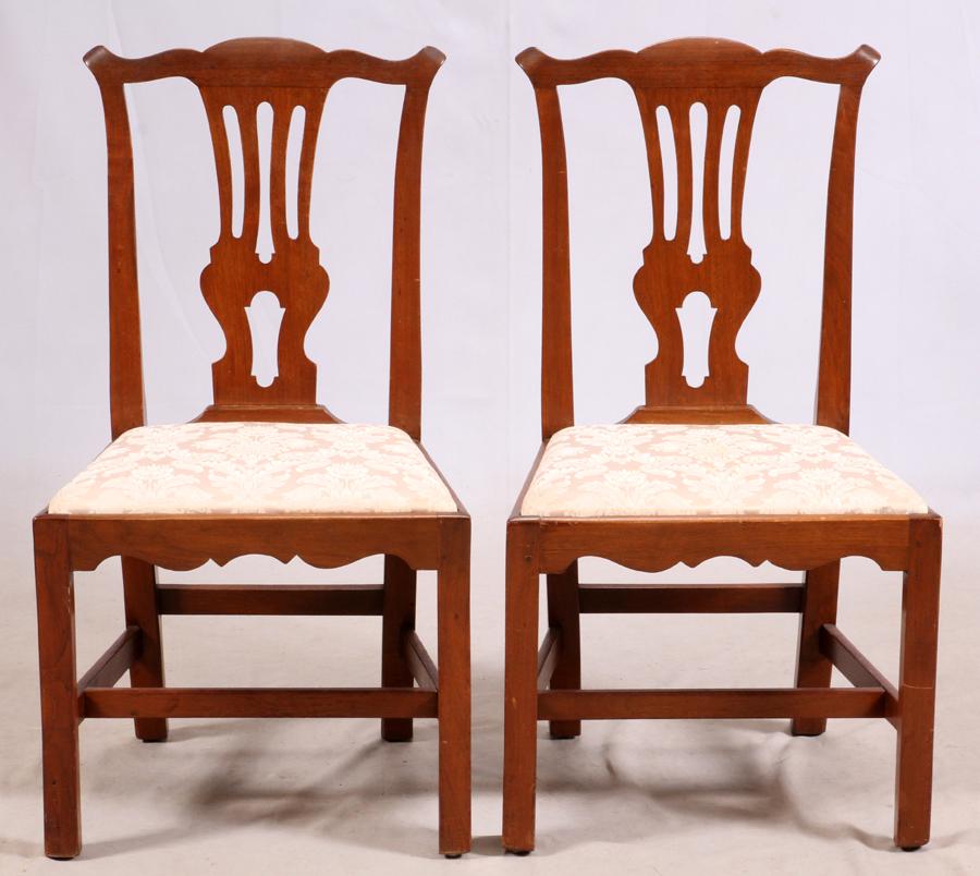 ANTIQUE CHIPPENDALE WALNUT SIDE CHAIRS, 18TH C.: ANTIQUE CHIPPENDALE WALNUT SIDE CHAIRS, 18TH C., PAIR, H 38", W 21", L 19" Having a pierced back splat, straight legs and a cushioned seat upholstered in pale beige silk brocade fabric. From the estat