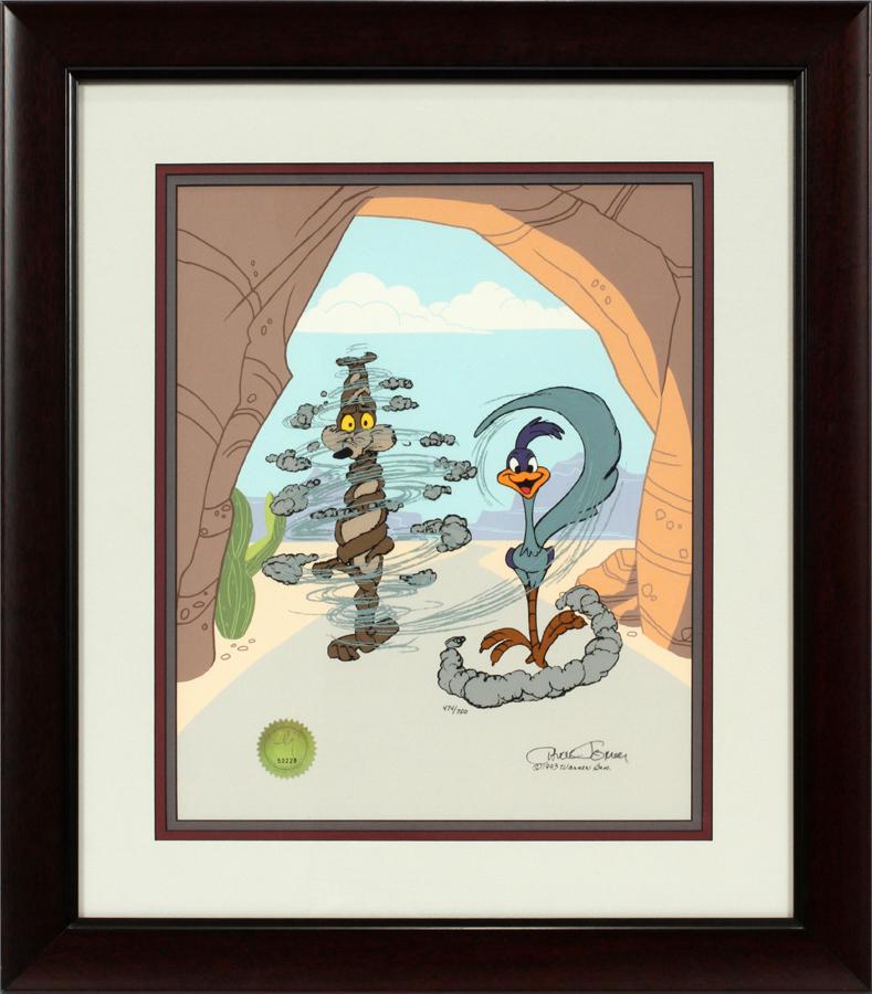 CHUCK JONES SIGNED WARNER BROS. CELLULOID: CHUCK JONES SIGNED WARNER BROS. PRODUCTION CELLULOID, 1998, H 16", W 13", "TURNABOUT IS FAIR PLAY" Wile E. Coyote and the Road Runner. Frame Size H 25", W 22" 474/750. With a certificate of authentici