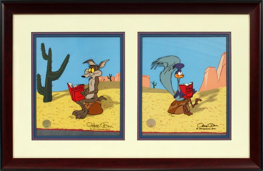 CHUCK JONES, SIGNED WARNER BROS CELLULOID: CHUCK JONES, SIGNED WARNER BROS CELLULOID, 1994, H 11 /2", W 9 1/2" Framed and matted under glass, size H 19 1/2" W 30". Wile E. Coyote and the Road Runner. 254/500.