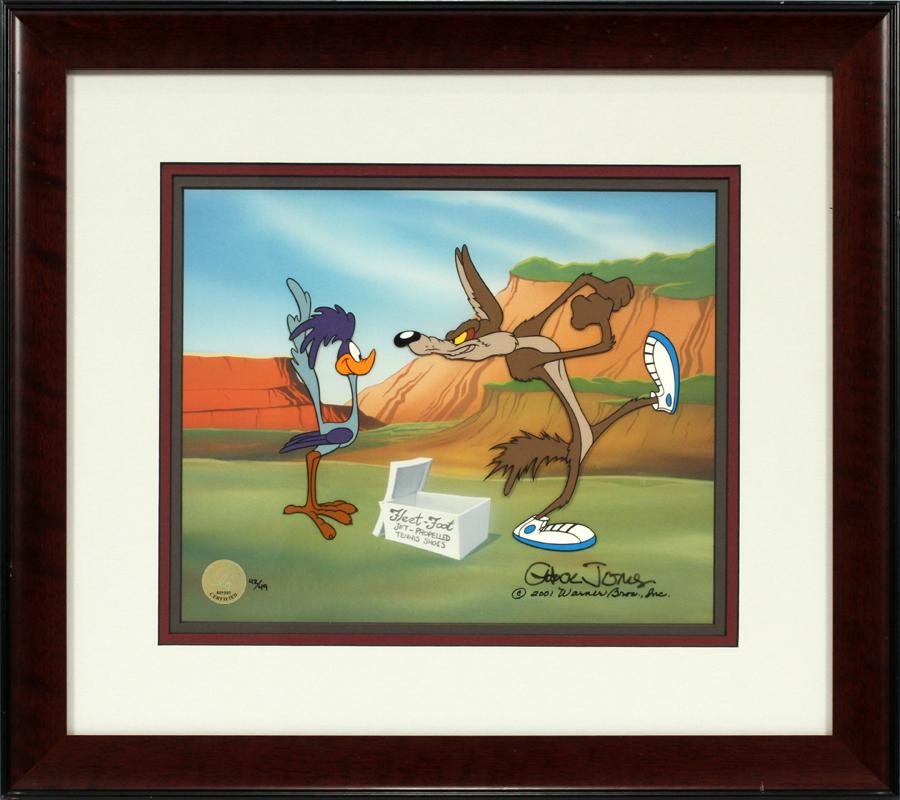 CHUCK JONES, SIGNED WARNER BROS. CELLULOID: CHUCK JONES, SIGNED WARNER BROS. PRODUCTION CELLULOID, 2001, H 10", W 12" Framed and matted under glass. Size H 18", W 20"
