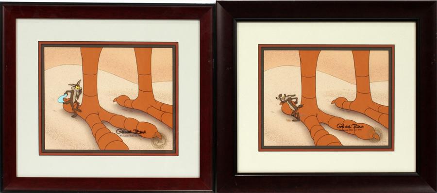CHUCK JONES SIGNED WARNER BROS. CELLS: CHUCK JONES SIGNED WARNER BROS. WILE E. COYOTE, ANIMATION CELLS, 1994, PAIR, H 10", W 12" One titled "Bugs Bunny's Bustin' Out All Over" and the other "Fast and Furry-ous" as described in the certific