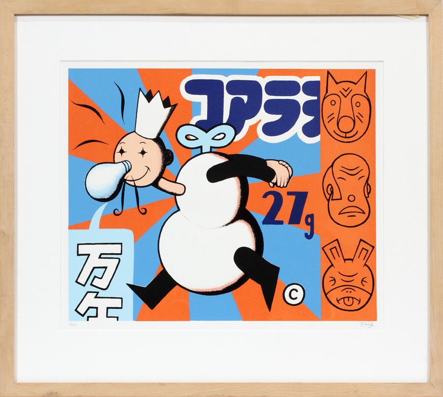 GARY TAXALI SCREEN PRINT: GARY TAXALI (ONTARIO, B. 1968) SCREEN PRINT, H 18", W 23", #2/150 Gary Taxali four-color silkscreen print depicting a pop-art figure with Japanese script. Gary Taxali is famous for creating posters fo