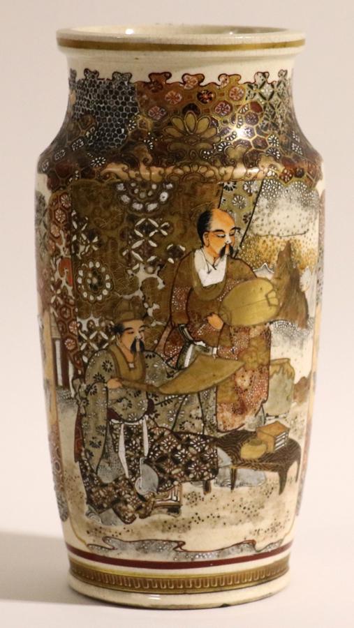 JAPANESE SATSUMA, EARTHENWARE POTTERY VASE: JAPANESE SATSUMA, EARTHENWARE POTTERY VASE, 19TH.C. H 9 1/2"Having an ivory ground with hand-painted continuous interior scenes with figures.