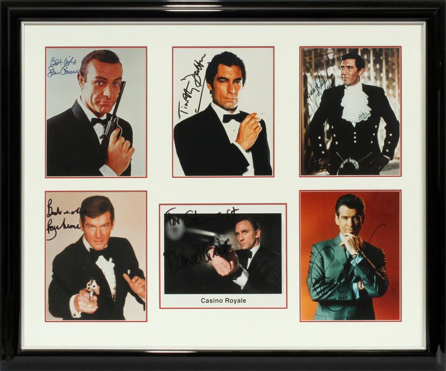 JAMES BOND AGENT 007 ACTORS PHOTOS WITH AUTOGRAPHS: JAMES BOND AGENT 007 ACTORS PHOTOS WITH AUTOGRAPHS, H 21", W 28" (IMAGE)Includes six color photos with autographs of Sean Connery, Roger Moore, Timothy Dalton, Pierce Brosnan, George Lazenby, and Dani