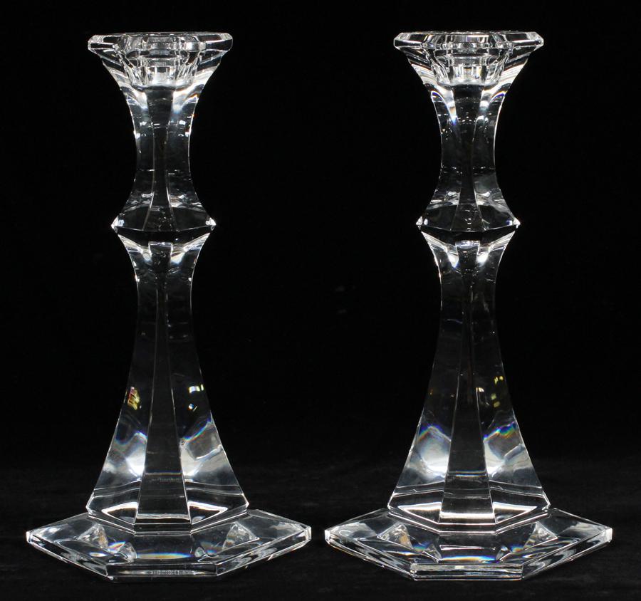VAL ST. LAMBERT CANDLESTICKS PAIR H 9": VAL ST. LAMBERT CANDLESTICKS PAIR H 9" Val St. Lambert candlesticks pair H 9". Made in Belgium. From the Karner estate.