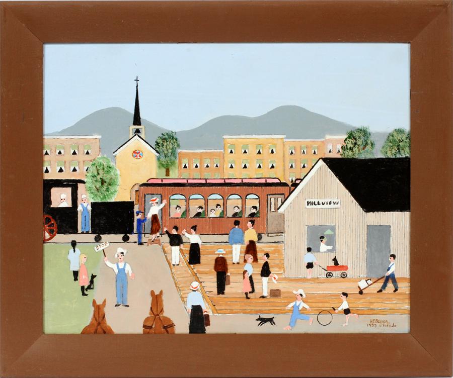 H. E. BAYER OIL ON MASONITE, 1985 "STATION STOP": H. E. BAYER (USA, 1900-1996), OIL ON MASONITE, 1985, H 16.25", L 20", "STATION STOP" Harold Everette Bayer [American, 1900-1996]. In the primitive style and depicting people at the Hillview train stat