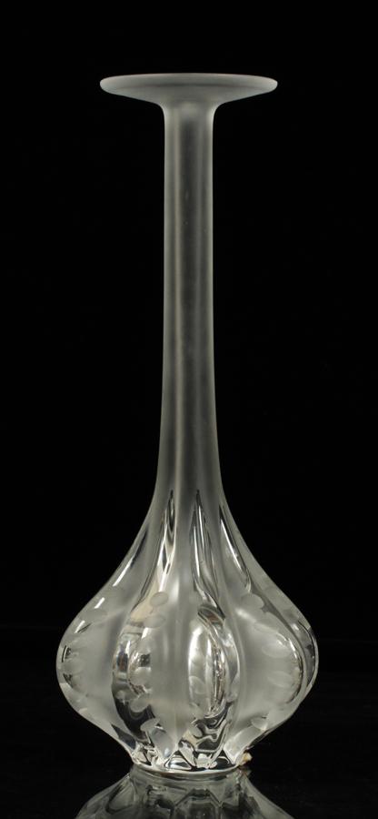 LALIQUE 'CLAUDE' CRYSTAL VASE, H 14", DIA 6": LALIQUE 'CLAUDE' CRYSTAL VASE, H 14", DIA 6"A Lalique crystal vase. Having the 'Claude' pattern, the vase offers etched ovals to the ribbed bodice. Signature branding to the underside.