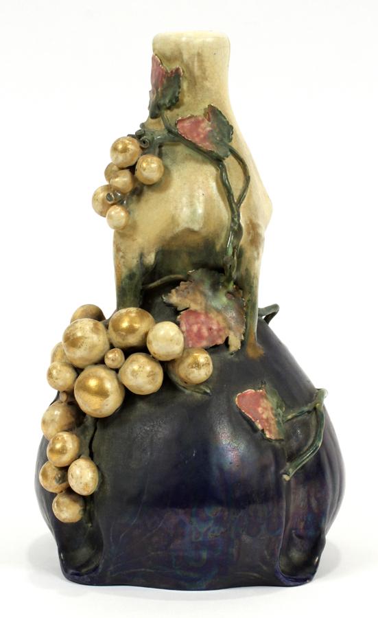 EDDA AMPHORA AUSTRIAN POTTERY VASE C. 1903 H 10": EDDA AMPHORA AUSTRIAN POTTERY VASE C. 1903 H 10" An Art Nouveau Edda art pottery amphora vase with applied grape clusters.