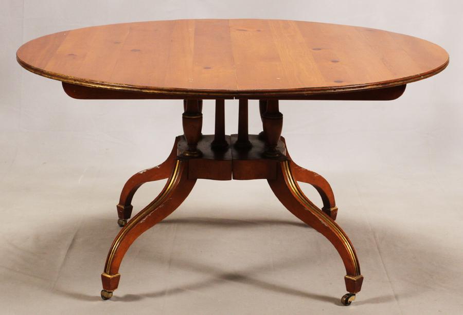 BAKER FURNITURE CO. PINE BREAKFAST TABLE: BAKER FURNITURE CO. PINE BREAKFAST TABLE H 29" DIA 54" Plus one board W 22"