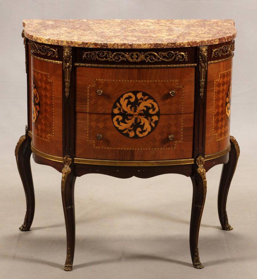 LOUIS 15TH STYLE MARBLE TOP COMMODE: LOUIS 15TH STYLE MARBLE TOP COMMODE, H 28 1/2", W 27", L 16" Demi lune shape, 2 drawers bronze ormolu trim and satin wood inlay.