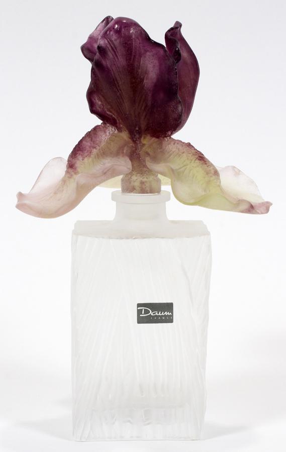 DAUM FRANCE IRIS FORM PATE DE VERRE PERFUME BOTTLE: DAUM FRANCE IRIS FORM PATE DE VERRE PERFUME BOTTLE H 8" W 4.75" A Daum France perfume bottle with an iris form stopper.