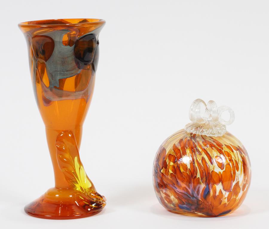NICHOLAS KEKIC ART GLASS GOBLET AND PUMPKIN 1973: NICHOLAS KEKIC ART GLASS GOBLET AND PUMPKIN 1973 H 5", 8" DIA 4" A glass goblet from Nicholas Kekic, dated 1973. The goblet is 8" tall. Also included is an orange glass pumpkin sculpture measuring 5" 