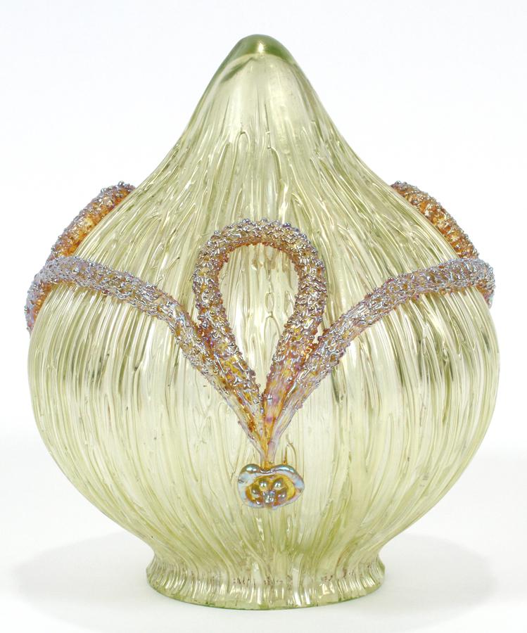 LOETZ ART GLASS LAMP SHADE H 7.5" DIA 5.5": LOETZ ART GLASS LAMP SHADE H 7.5" DIA 5.5" A Loetz art glass lamp shade having an applied iridized garland.