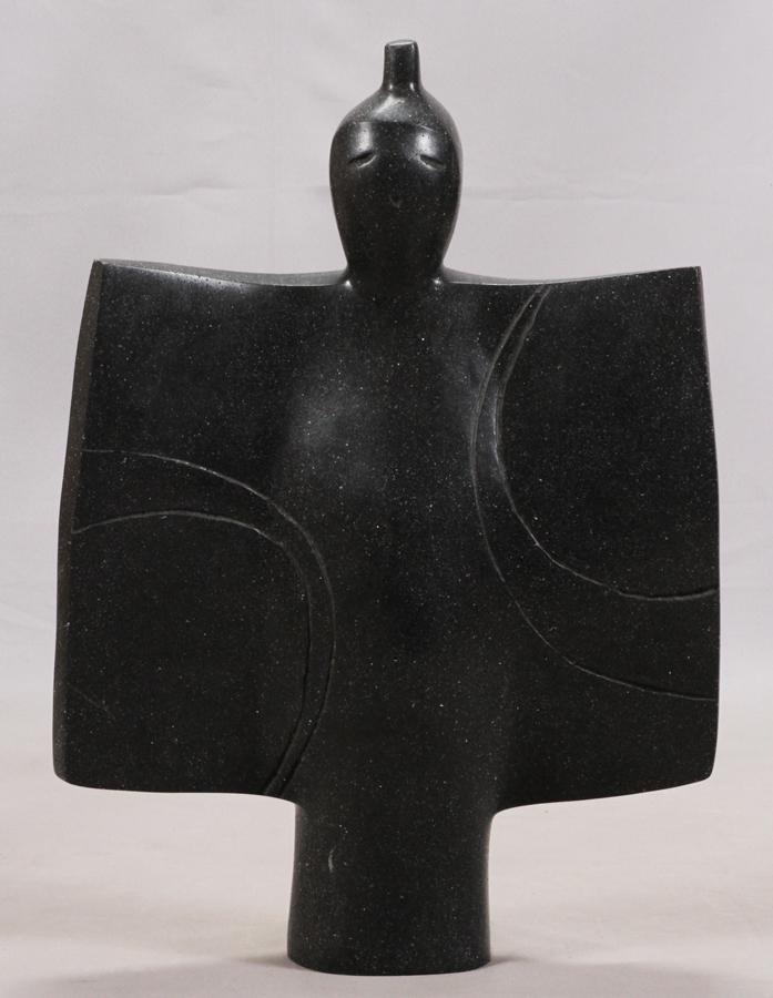 MASATOYO KISHI (KUKI) JAPANESE STONE SCULPTURE: MASATOYO KISHI (KUKI), (JAPAN/AMER, B. 1924), JAPANESE STONE SCULPTURE, H 27", W 18.5" Japanese stone sculpture of a figure in a Kimono, Signed Kuki at the base.