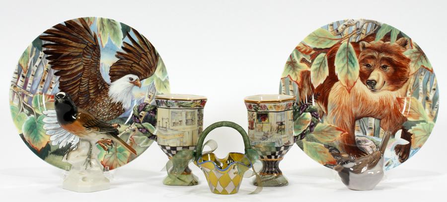 ROYAL COPENHAGEN & GERMAN PORCELAIN BIRDS ETC: ROYAL COPENHAGEN & GERMAN PORCELAIN BIRDS, MACKENZIE-CHILDS MUGS, ETC 7 PCS Including a Royal Copenhagen and 2 German birds, 2 Mackenzie-Childs mugs, H 5", basket, and 2 Fitz & Floyd "High Sierra" pla