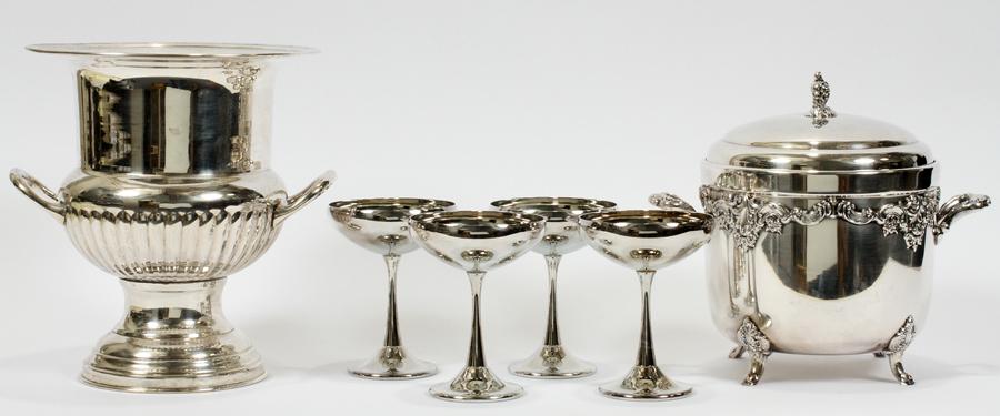 SILVER PLATE ICE BUCKET, CHAMPAGNE GLASSES: SILVER PLATE ICE BUCKET, CHAMPAGNE GLASSES & CHAMPAGNE BUCKET, 6 PCS Includes: ice bucket 9", 4 champagne glasses and champagne bucket 10".