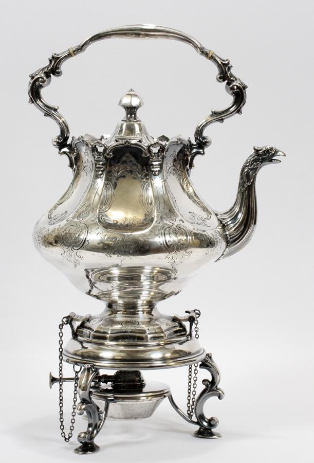 ENGLISH SHEFFIELD PLATE HOT WATER KETTLE, C. 1850: ENGLISH SHEFFIELD PLATE HOT WATER KETTLE, C. 1850, H 17" Bird form spout. Hand chased. Alcohol burner at base. From the Estate of Olga Omelianoff, Beverly Hills, Mich.