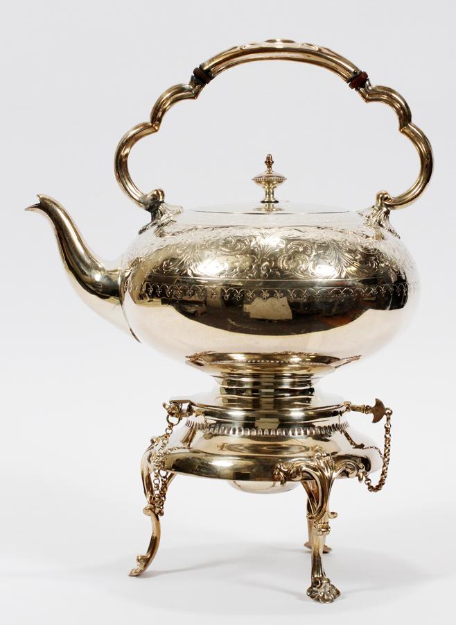 SHEFFIELD PLATE HOT WATER KETTLE ON STAND: SHEFFIELD PLATE HOT WATER KETTLE ON STAND, 19TH CENTURY, H 15" W 11" Sheffield plate hot water kettle on stand having a scroll and acanthus leaf motif.
