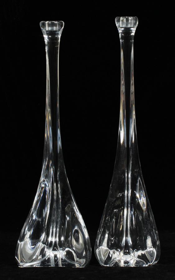 DAUM CRYSTAL CANDLESTICKS 2 H 13": DAUM CRYSTAL CANDLESTICKS 2 H 13" A pair of crystal candlesticks by Daum. Having "Daum, France" acid etched to the bases.