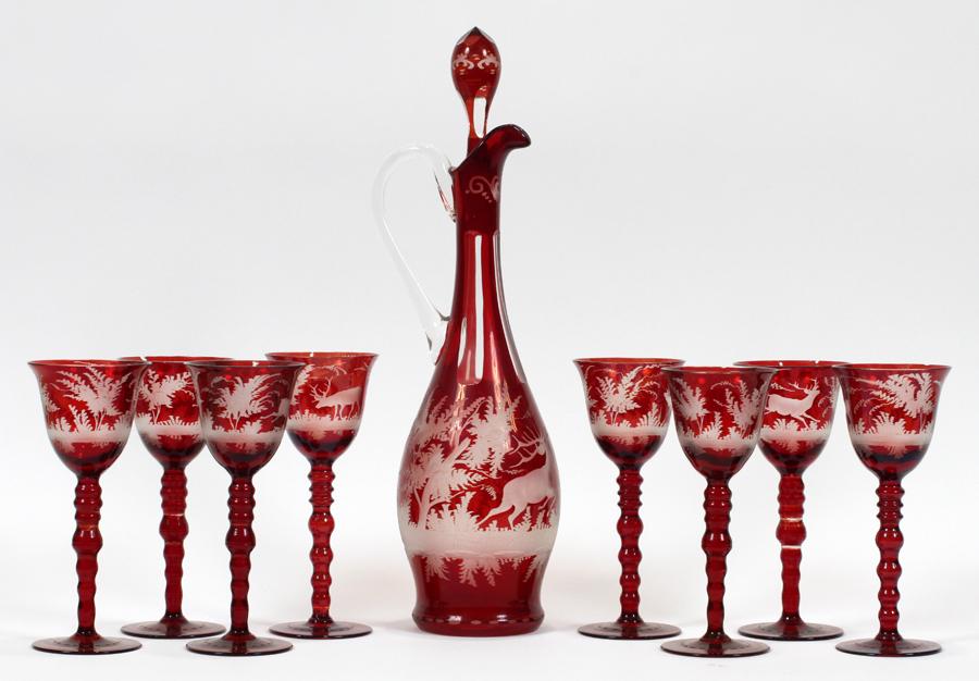 BOHEMIAN ETCHED GLASS WINE DECANTER & GOBLETS: BOHEMIAN ETCHED GLASS WINE DECANTER & GOBLETS, 9 PCS Includes: wine decanter, H 17" W 4 1/2" and 8 wine goblets H 7" W 3". Ruby cut to frosted glass.