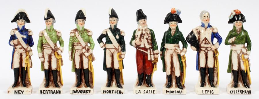CAPO DI MONTE PORCELAIN NAPOLEONIC GENERALS: CAPO DI MONTE PORCELAIN NAPOLEONIC GENERALS, 19TH.C. 8 PCS, H 5" Mortier, LaSalle, Bertrand, Moreau, Kellermann, Ney, Davoust, Lepic.