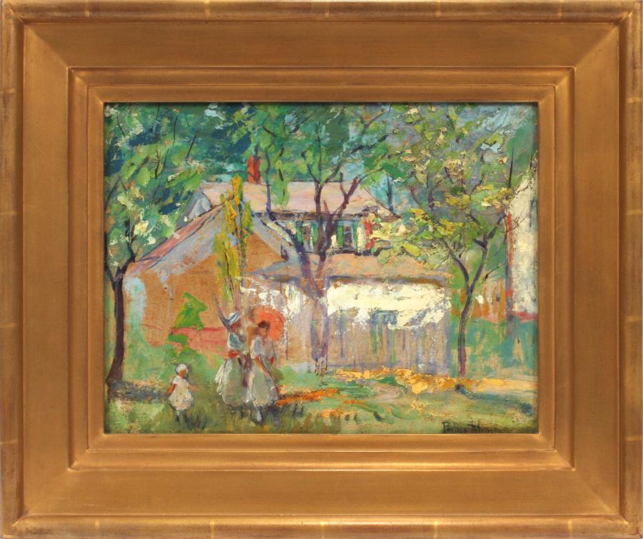 PAULINE LENNARDS PALMER OIL ON BOARD, 1906: PAULINE LENNARDS PALMER (AMERICAN, 1867-1938), OIL ON BOARD, 1906, H 10.5", W 13.25", Y-TWO LADIES AND A CHILD BY A HOUSE Signed SLR; framed, 15" x 18".