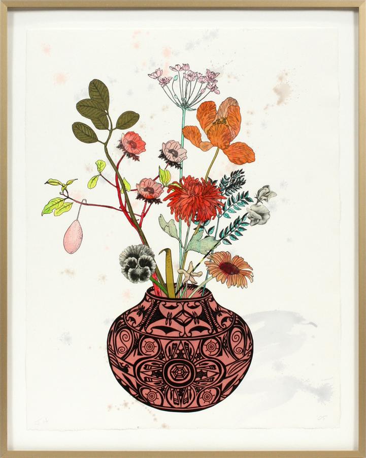 JANE HAMMOND MIXED MEDIA MONOTYPE: JANE HAMMOND (AMERICAN, B. 1950), MIXED MEDIA MONOTYPE, "ZUNI FLOWER, NO. 16" Mixed media including watercolor, collage, linoleum cut, hand-printed and computer generated images printed in color and h