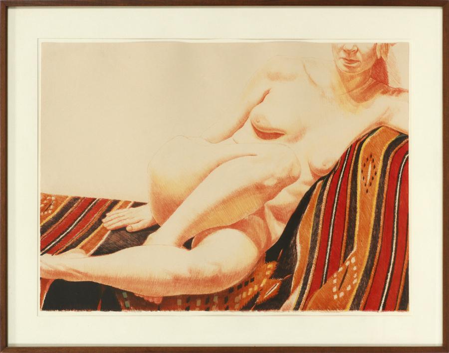 PHILIP PEARLSTEIN LITHOGRAPH, 1973: PHILIP PEARLSTEIN (AMERICAN, B. 1924), LITHOGRAPH, 1973, 24" X 33.75" "GIRL ON ORANGE & BLACK MEXICAN RUG" #43/100; pencil signed and dated; framed, 32" x 41". Donald Morris Gallery, Detroit label.