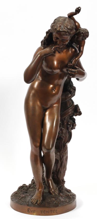 JEAN-BAPTISTE CARPEAUX BRONZE SCULPTURE, C. 1874: JEAN-BAPTISTE CARPEAUX (FRENCH, 1827â€“1875), BRONZE SCULPTURE, C. 1874, H 27.5", W 10.75", "EVE TENTEE" D. ca 10.5"; signed, dated 1874 and titled; inscribed, "Propriete Carpeaux"; dark brown pa