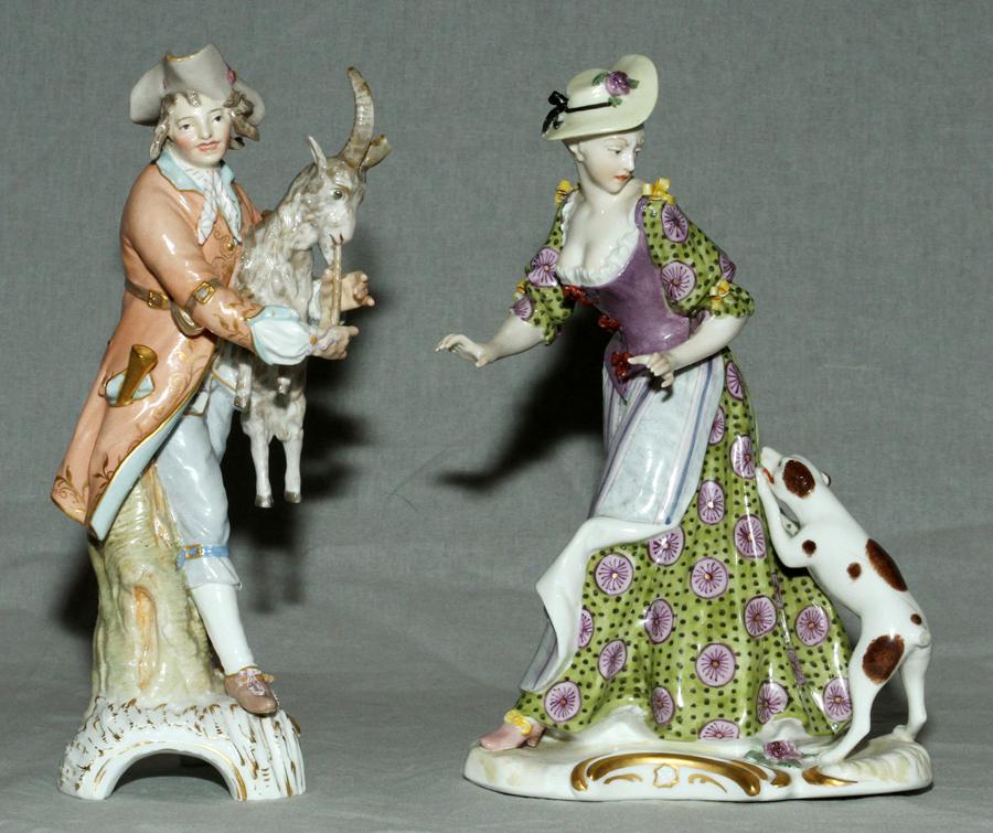 ANTIQUE MEISSEN AND KPM PORCELAIN, FIGURES: ANTIQUE MEISSEN AND KPM PORCELAIN, FIGURES 2 PCS. H 8.5" - 9" W 3.5" - 6" Antique Meissen and KPM porcelain, figures 2 pcs. The Meissen figure H. 8.5", W 6", depicts a lady having the back of her dres