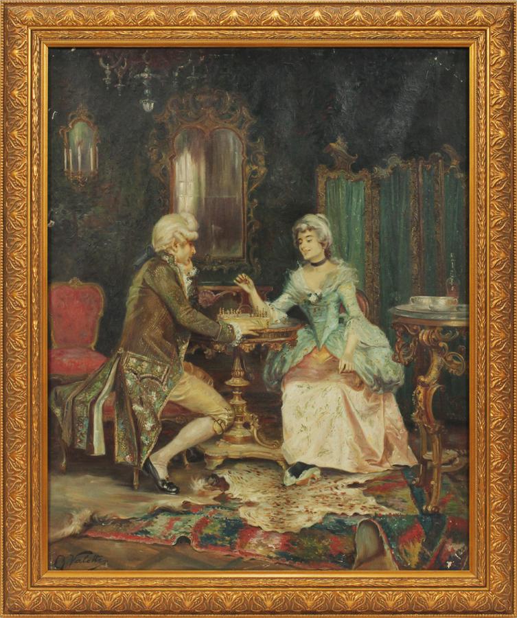 CH. VALETTE OIL ON CANVAS C. 1900 CHESS GAME: CH. VALETTE, OIL ON CANVAS C. 1900, H 27" W 21" CHESS GAME Signed. Interior scene of man and lady playing chess.