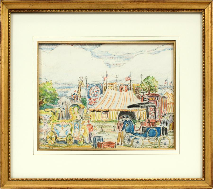 REYNOLDS BEAL CRAYON ON PAPER "CIRCUS SCENE": REYNOLDS BEAL (AMERICAN 18661867-1951), CRAYON ON PAPER, "CIRCUS SCENE", H 10", W 13.5" Pencil signed LL; framed, c. 17" x 21"; M.J. Saxon Fim=ne Art label.