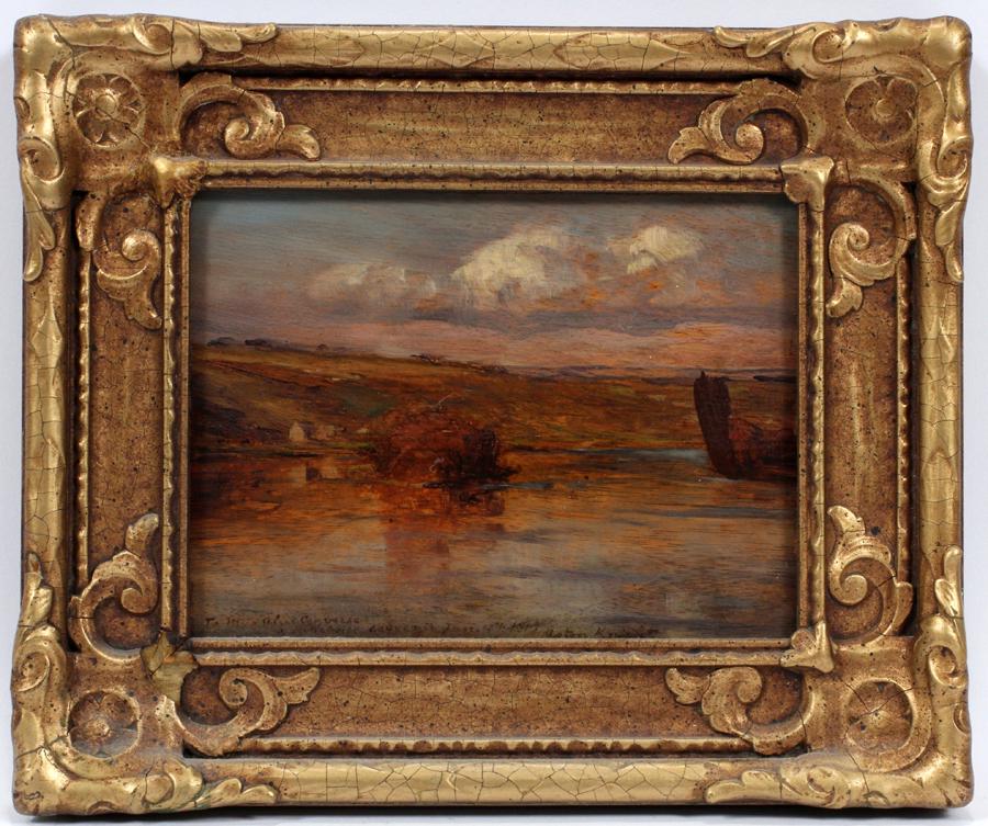 LOUIS ASTON KNIGHT OIL ON WOOD PANEL: LOUIS ASTON KNIGHT (AMERICAN, 1873â€“1948), OIL ON WOOD PANEL, JUNE 15, 1919, H 6", W 8", LANDSCAPE WITH LAKE Signed, dated and inscribed with a dedication at the bottom (see photo detail); perio