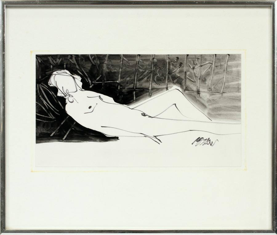 RICHARD KOZLOW INK ON PAPER RECLINING NUDE: RICHARD KOZLOW (AMER., 1926-2008), INK ON PAPER, H 7", L 12", RECLINING NUDE An ink on paper by Richard Kozlow. Depicting a reclining female nude. Artist's signature to the lower right. Frame measures