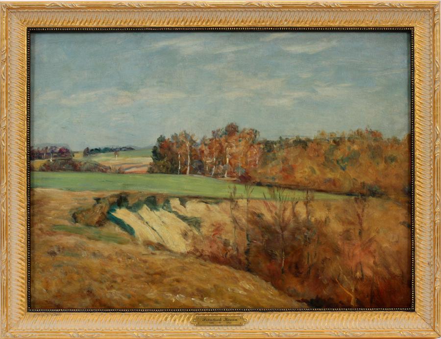 FRANTISEK KAVAN OIL ON BOARD AUTUMN LANDSCAPE: FRANTISEK KAVAN, CZECH 1866 - 41, OIL ON BOARD H 15" W 20" AUTUMN LANDSCAPE Signed lower left. Gilt frame 17.5" x 23". Frantisek Kavan was a Czech painter and poet. Kavan studied in Hradec Kralove and