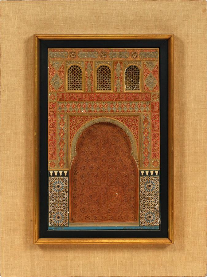 ENRIQUE LINARES GESSO PLAQUE "MOORISH GATE": ENRIQUE LINARES, GESSO PLAQUE, H 14.75", L 9", "MOORISH GATE" A gesso plaque inscribed "Granada, No. 20". A hand-painted relief of Islamic architecture. Artist's signature and relief number to the low