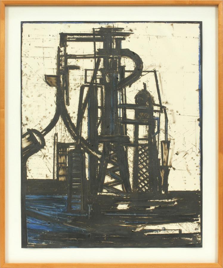 GORDON NEWTON OIL STICK ON PAPER, 1981: GORDON NEWTON (AMERICAN, B. 1948) OIL STICK ON PAPER,, 1981, H 29", W 23", "MARINE SHELF" PROJECT (#41) Floated in the frame, 34" x 28"; Feigenson Gallery, Detroit label. Michigan artist.