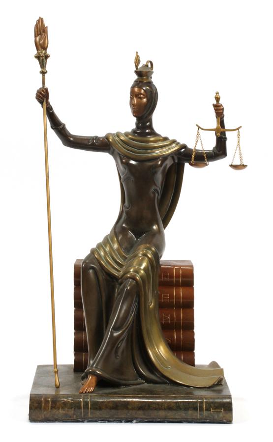 ERTE BRONZE SCULPTURE, 1984, #385/500 "JUSTICE": ERTE (RUSSIAN/FRENCH, 1892-1990), BRONZE SCULPTURE, 1984, #385/500 H 20 1/8", W 11 1/2", D 8 3/8", "JUSTICE" Edition by Fine Art Aquisitions; signed on verso.