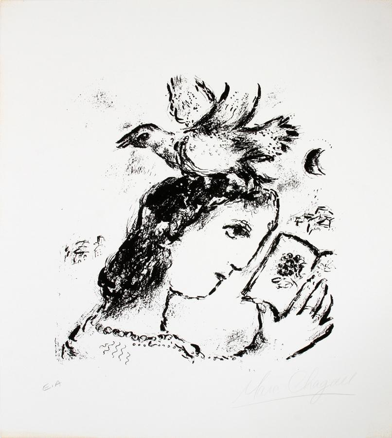 MARC CHAGALL LITHOGRAPH IN BLACK & WHITE: MARC CHAGALL, LITHOGRAPH IN BLACK & WHITE, IMAGE: H 17 1/4", W 14", "LA POETESSE" Pencil signed; EA; unframed; paper size: 25 1/2" x 19 1/2"; no watermark