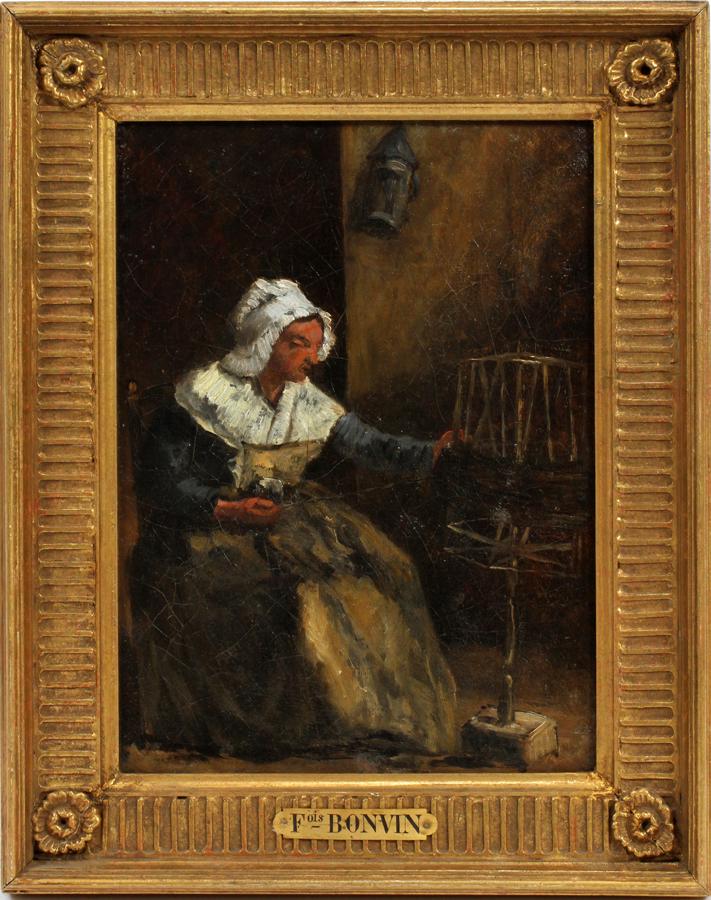 FRANCOIS BONVIN OIL ON CANVAS, CIRCA 1850: FRANCOIS BONVIN, FRENCH 1817 - 87, OIL ON CANVAS, CIRCA 1850, H 13" W 9.5" LACE MAKER Signed on stretcher. Frame 16.5" x 13".