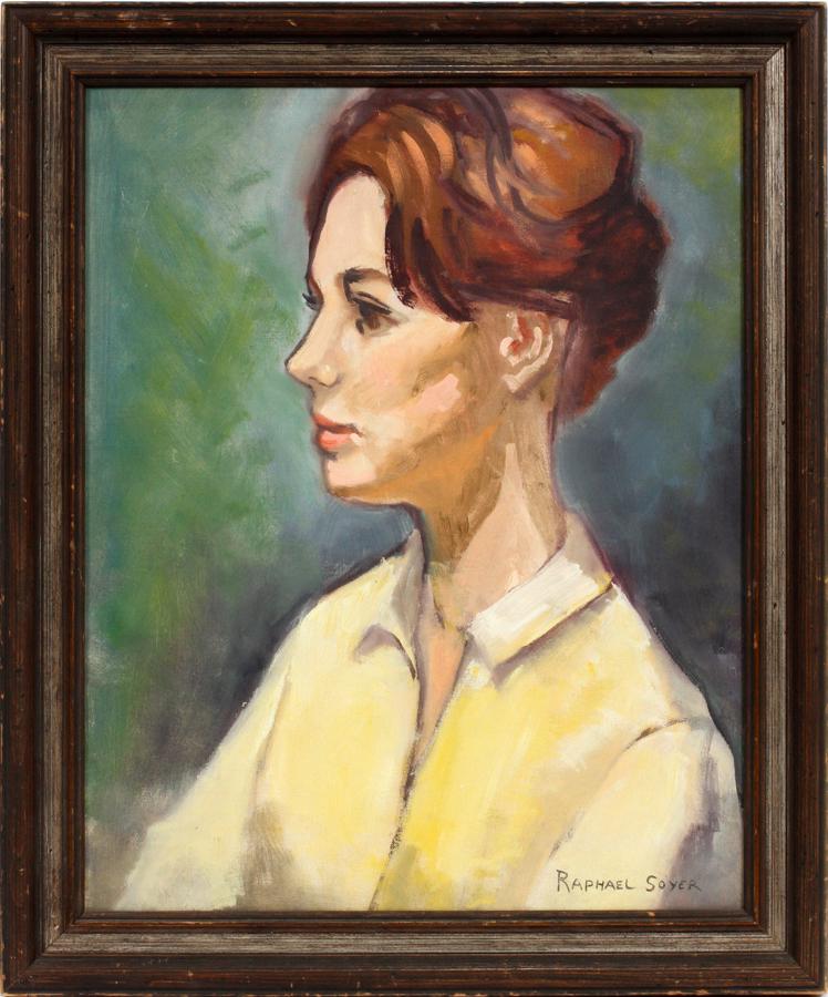 RAPHAEL SOYER OIL ON BOARD, H 19 3/4", L 15 1/2": RAPHAEL SOYER (AMERICAN, 1899â€“1987), OIL ON BOARD, H 19 3/4", L 15 1/2"An oil on board by listed Russian-American artist Raphael Soyer. This piece depicts a profile portrait of a young woman. A