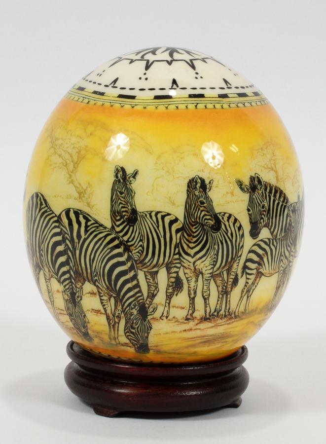 AUSTRALIAN OSTRICH EGG WITH ZEBRA MOTIF: AUSTRALIAN OSTRICH EGG WITH ZEBRA MOTIF Haus design.