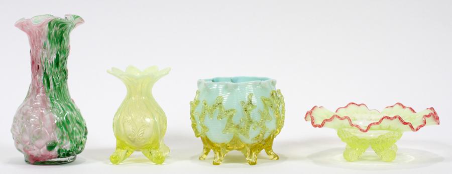 OPALESCENT VASELINE GLASS VESSELS 4: OPALESCENT VASELINE GLASS VESSELS 4 H 2.75" TO 7.75" DIA 4" TO 7" A vaseline glass vase and ruffle bowl, and aqua footed bowl and a vase.