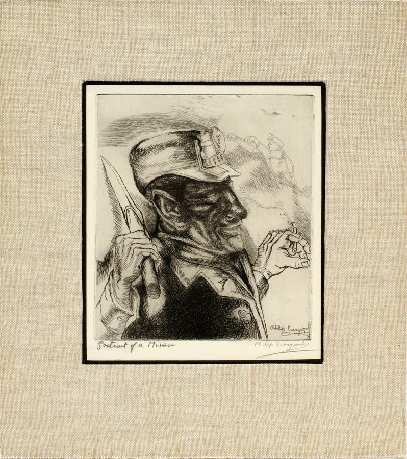PHILIP EVERGOOD ETCHING 'PORTRAIT OF A MINER': PHILIP EVERGOOD (AMERICAN, 1901-1973) ETCHING H 7.5" W 6.5" 'PORTRAIT OF A MINER' Depicting a dirty faced miner smoking a cigarette with imagined scenes in the smoke. Image signed and graphite signed 
