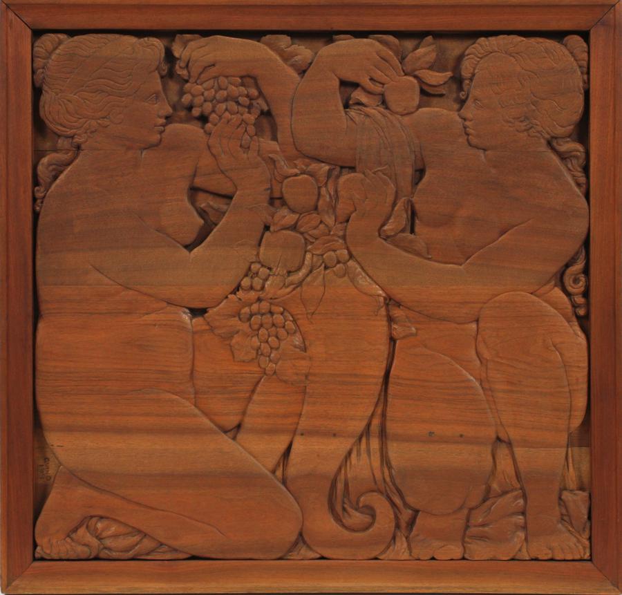 G.VINO ART DECO CARVED WOOD WALL SCULPTURE: G.VINO [FRENCH 1919] ART DECO CARVED WOOD WALL SCULPTURE, H 25 1/3", W 24 1/4" Label on verso. From the Booth Family Estate, Cranbrook, MI.
