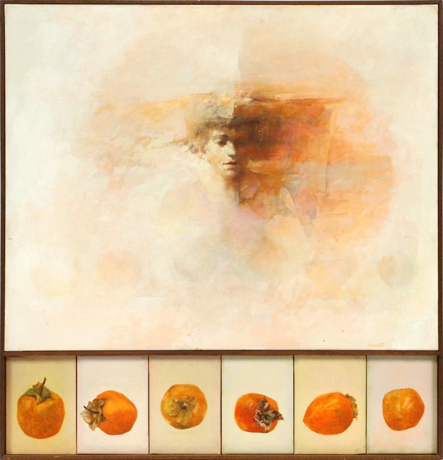 IRMA CAVAT ACRYLIC ON CANVAS, 1974: IRMA CAVAT (AMERICAN, B. 1928), ACRYLIC ON CANVAS, 1974, 31" X 30", "SIX PERSIMMONS IN SEARCH OF A SUNSET" Signed lower right; framed. Arwin Galleries, Detroit label.