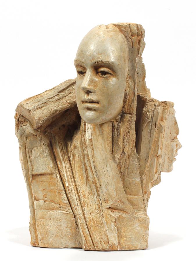 KEGHAM TAZIAN CERAMIC SCULPTURE, 1993: KEGHAM TAZIAN (ARMENIAN), CERAMIC SCULPTURE, 1993, H 13", DIA 10"A ceramic sculpture by Kegham Tazian. Depicting stylized profiles adjacent to Brutalist forms. Artist's signature, date and numerical m